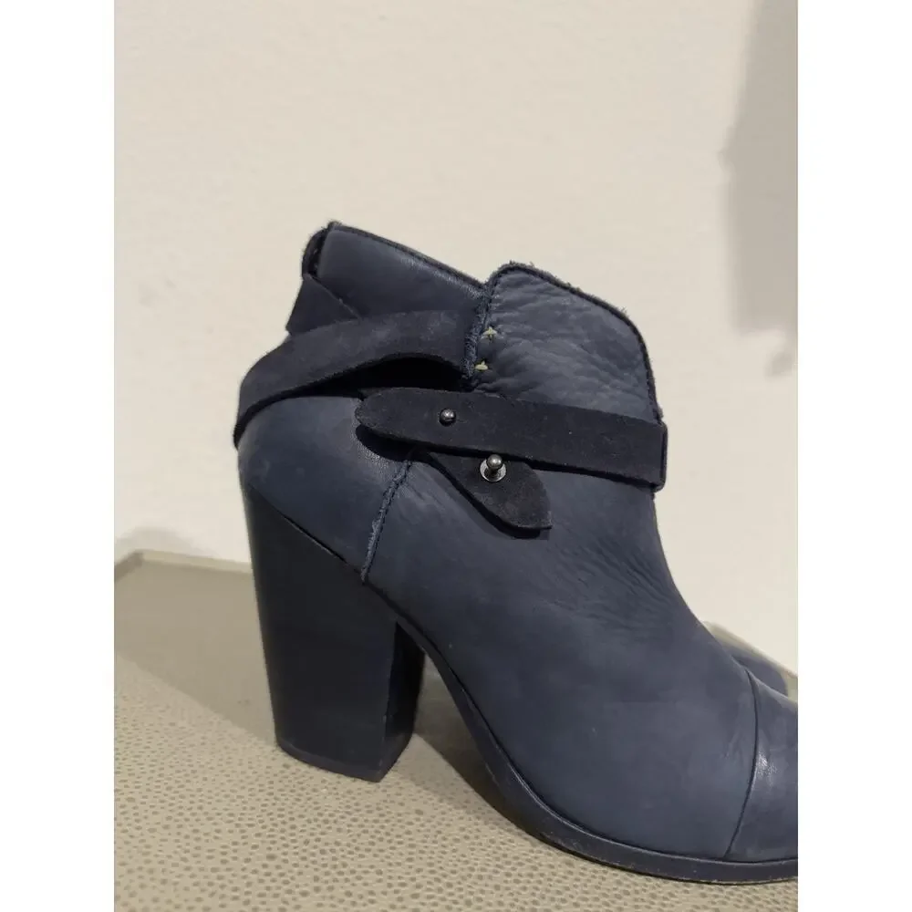 Rag & Bone Harrow Booties Navy Leather Size 40 Marine Boot Heels Blue Black